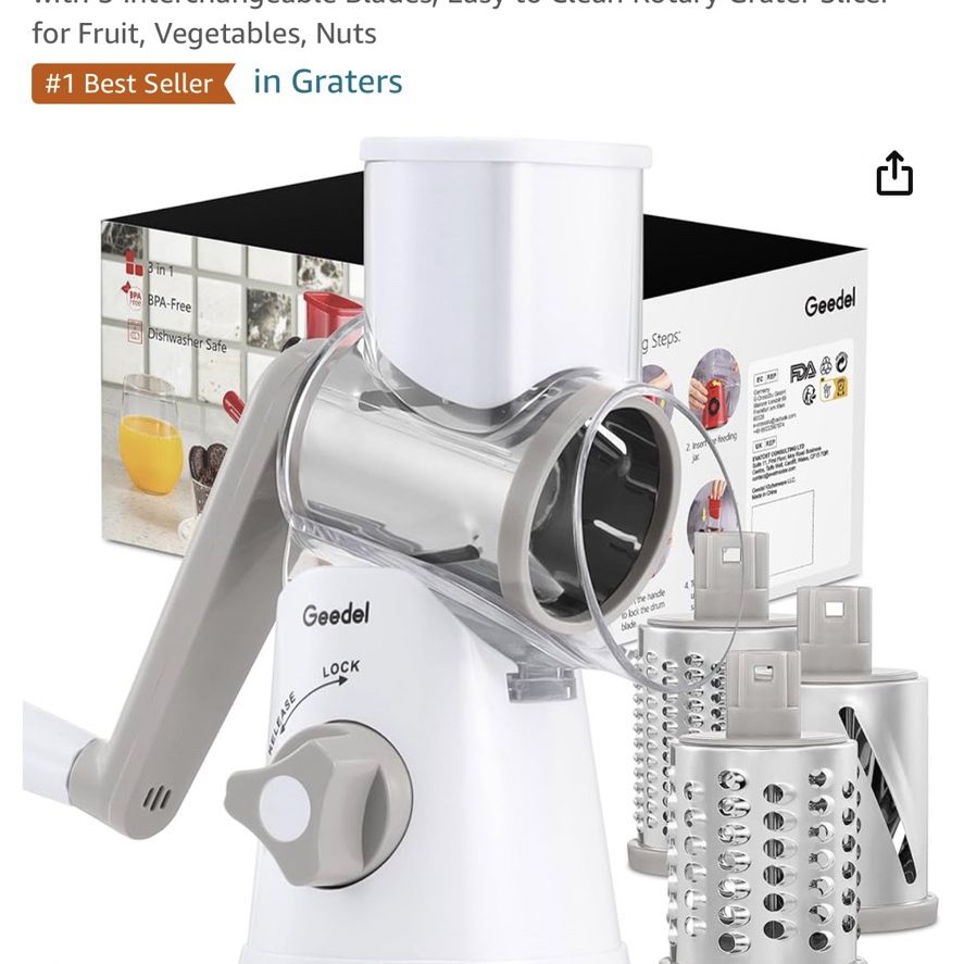 Geedel Rotary Cheese Grater, Kitchen Mandoline Vegetable Slicer with 3  Interchangeable Blades, Easy to Clean Grater for Fruit, Vegetables, Nuts  for Sale in Las Vegas, NV - OfferUp