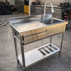 Utility Freestanding Kitchen Sink with Hot and Cold Water Pipe,Drawer, Stainless Steel Sink for Laun