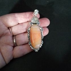 Large 925 Agate And Fossil 3" Pendant