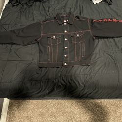 REVENGE RED EMBROIDERED LOGO BLACK DENIM JACKET