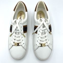 Michael Kors White & Brown Sneakers With Gold Accents 