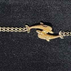 14K Gold  Double Chain Bracelet with Two Dolphins