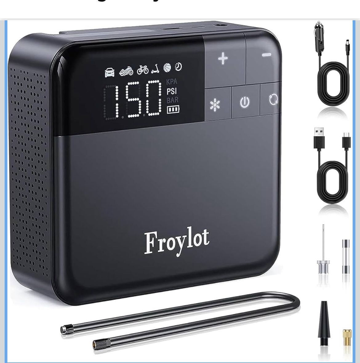 Froylot Tire Inflator Portable Air Compressor, 2X Faster Inflation, 150PSI Cordless Tire Inflator with LED Dual Screen, Suitable for MPV, Car, E-Bike,
