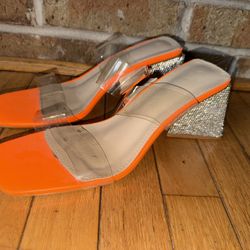 Ladies size 8.5 Lady Diva Lounge orange & silver sequin 3.75” wedge open toe heels P/U Jamison, Pa 