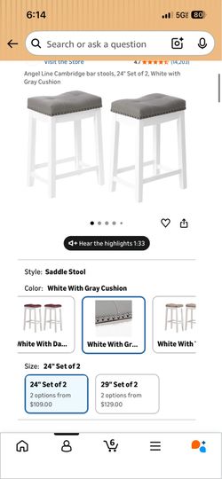 24" tall white bar stools grey cushion