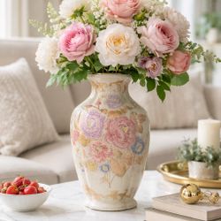 Andrea By Sadek 1980s Victoria Morland Moss Rose Porcelain Pastel Vase, 12”