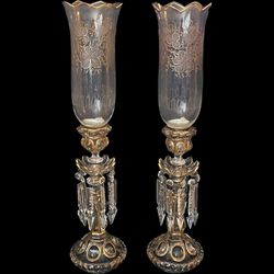 Baccarat Crystal MEDALLION Candle Stick Holders w/Etched Hurricane 22" PAIR