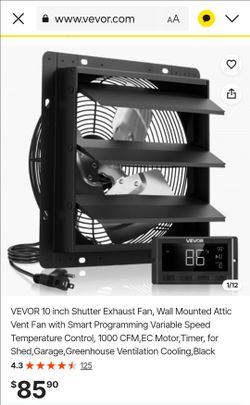 VEVOR 10 inch Shutter Exhaust Fan, Wall Mounted Attic Vent Fan with Smart Programming Variable Speed Temperature Control, 1000 CFM,EC Motor,Timer, for