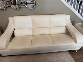 Cream Leather 3-Seat Sofa with Chrome Legs