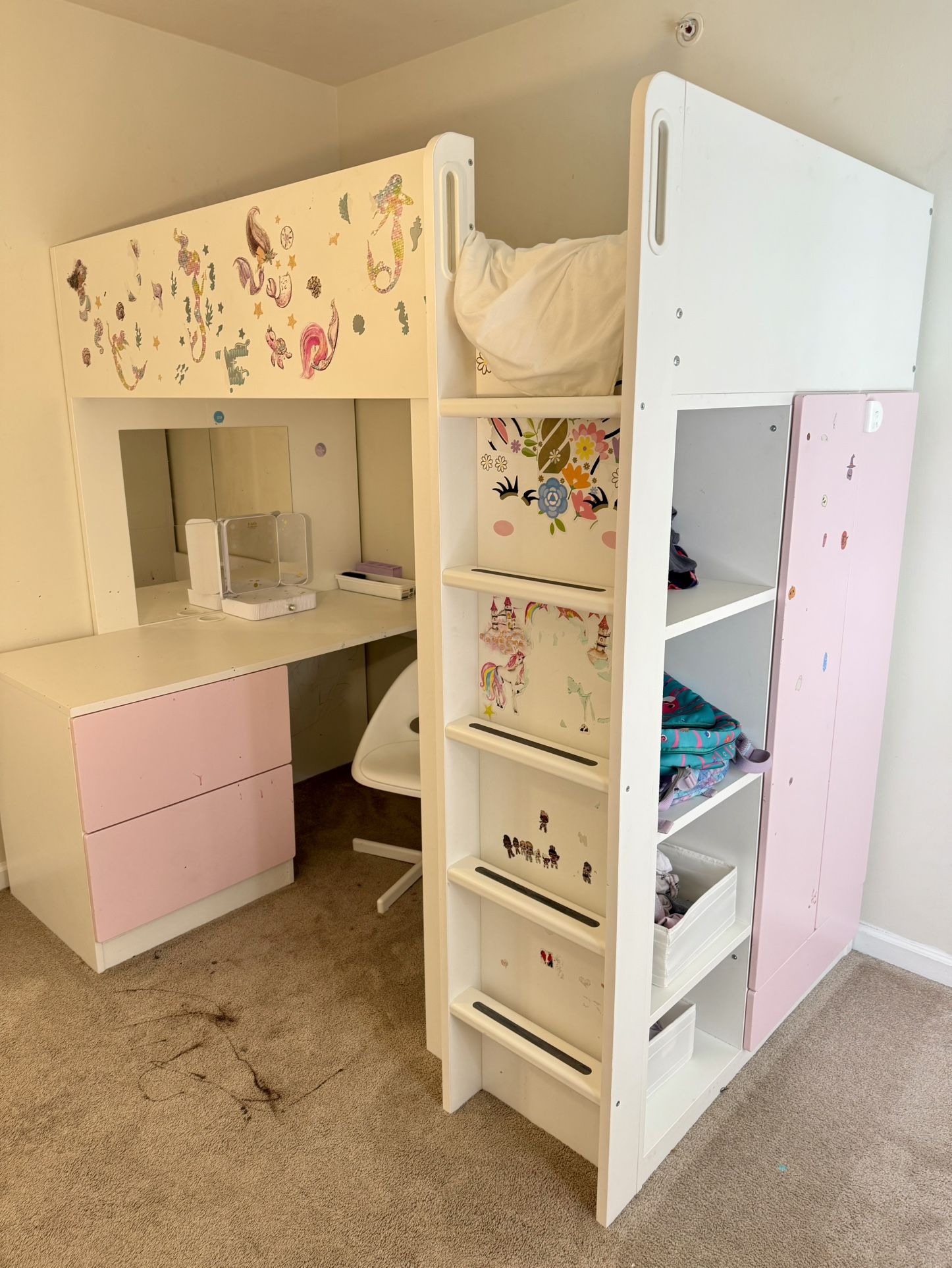 Children’s Loft Bed with Desk, Mirror & Mattress – IKEA SMÅSTAD
