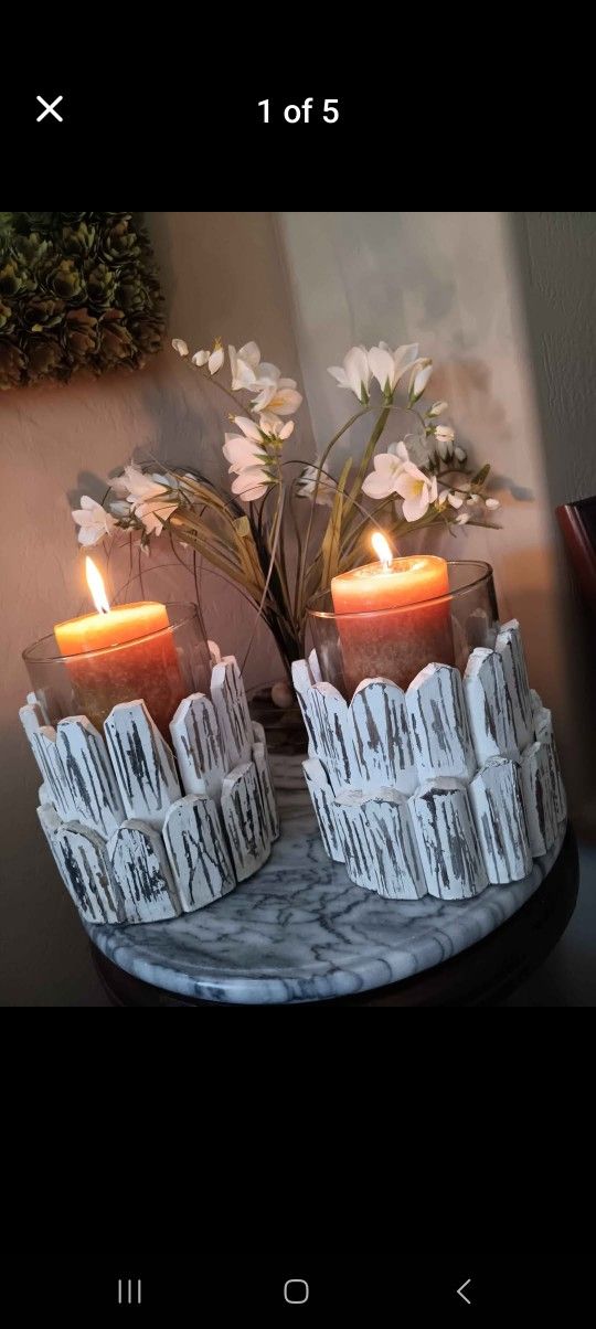 Pair White Washed Wooden Glass Candle/Plant. Inside or Outside on Your Patio, Candles NOT Included
