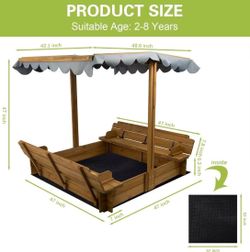 😀 Kids Sandbox with Cover Outdoor, with 2 Foldable Bench Seats for Backyard (47x47in), UV-Resistant，Gift for Ages 2-8