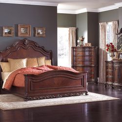 4 PIECE QUEEN SIZE BEDROOM SET BED DRESSER NIGHTSTAND MIRROR CHERRY FINISH