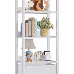 Furologee 5 Tier Bookshelf with Drawer, Tall Narrow Bookcase with Shelves, Wood and Metal Book Shelf Storage Organizer, Modern Display Standing Shelf 