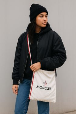 Moncler White Drawstring Shoulder Dust Bag Tricolor Strap Logo Tote Bag Designer