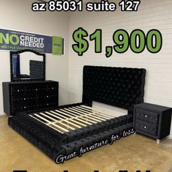 4 PCs Queen Size Bedroom Set Black Velvet Include Bed Frame Dresser Mirror And 1 Nightstand Brand New