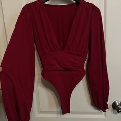 NWOT🏷️ Red Wine Color Dressy Low Cut Bubble Long Sleeve Bodysuit 🍷🌹 ( Dressy Bodysuit/ Red Bodysuit/sexy Outer Wear / Club Wear)