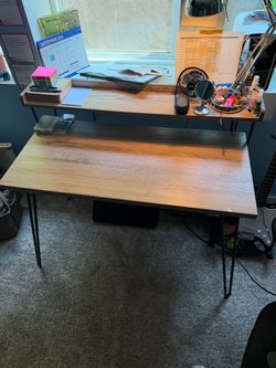 Wood Top Desk with Hairpin Legs and Shelf