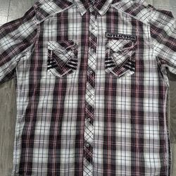 Men AFFLICTION Buckle Shirt L Gray Red Long Sleeve