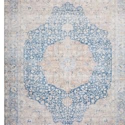 Loloi Layla Collection LAY-07 Blue/Tangerine 7'-6" x 9'-6" .13" Thick Area Rug, Soft, Durable, Vintage Inspired, Distressed, Low Pile, Non-Shedding, E