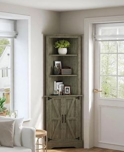 Corner Storage Cabinet with 5 Adjustable Shelves, Freestanding Space-Saving Corner Hutch Cabinet for Living Room, Bathroom