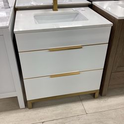 30” bathroom vanity cabinet Quartz top sink integrated Softclose drawers brushed gold ready for pick up today