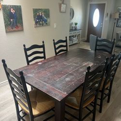 Dark Wood Dining Table with 6 Ladder Back Chairs