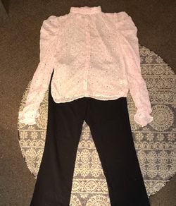 Size large pink rhinestone long sleeve T-shirt sheer and black flare work pants