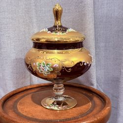 Seyei Victorian Glass Series Ruby Red and Gold Compote with Lid