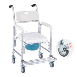 492#Bedside Commode Chair with Wheels, 350 lbs Capacity, 4-in-1 Portable Toilet and Raised Toilet Seat with Padded Seat/Backrest/Flip-up Footrest, Det