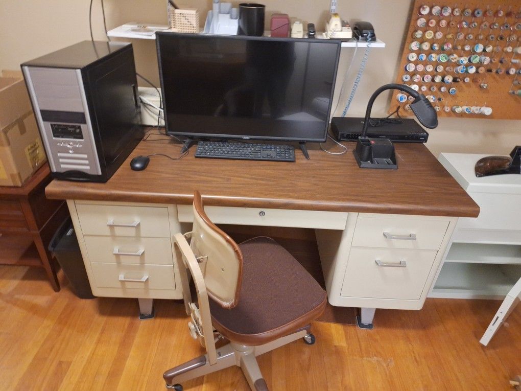 Vintage Metal Office Desk & Chair