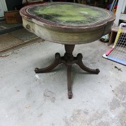 Antique Wood/Green Leather Tabletop With Pedestal Base