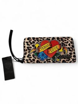 Ed Hardy leopard print wallet with red heart graphic featuring 'ETERNAL LOVE'
