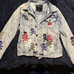 Reason Denim Jacket with Skull Design and Paint Splashes M