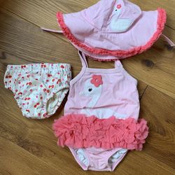 Baby Girl Pink Swan Bathing Suit With Matching Hat
