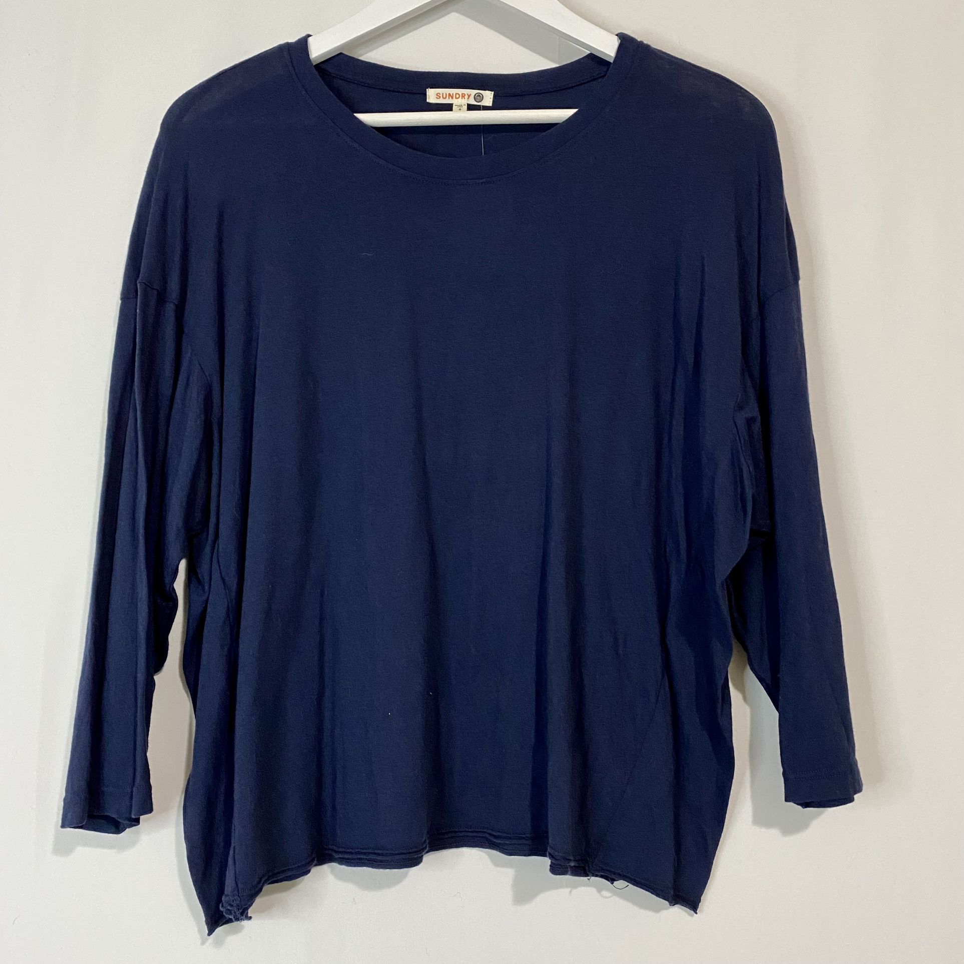 Sundry Women’s Oversized Cotton Modal Blend Crewneck 3/4 Sleeve Shirt Navy Med