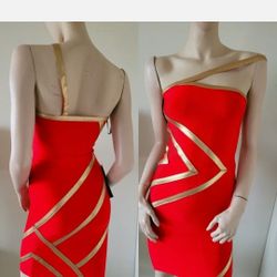 NWT BEBE Red GOLD bandage Dress S Xs