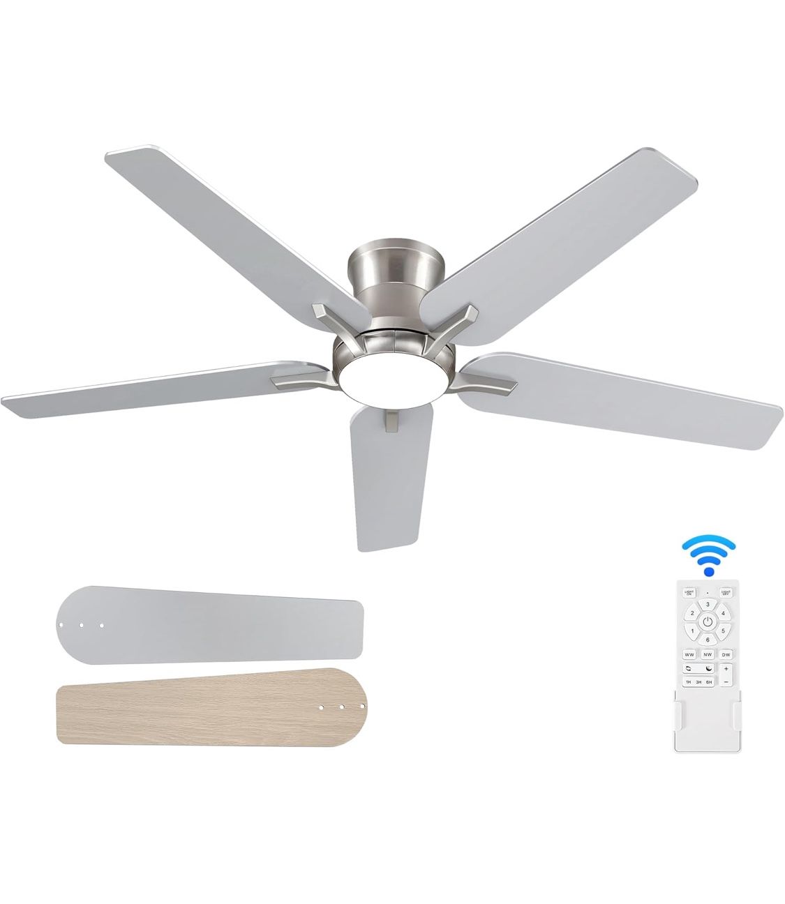52 Inch Ceiling Fans with Lights and Remote, Brushed Nickel Flush Mount Low Profile Ceiling Fan for Bedroom, Living Room, Patio, Dimmable 6 Speeds Noi