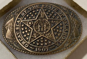 Vintage 1981 Metal Belt Buckle, 24 KT Gold Plated, The Great Seal of Oklahoma, Nice Western Design, 4 3/4" x 3 3/4", Heavy Duty, Quality, Thick Metal,
