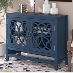 Navy Blue Wood Accent Buffet Sideboard Storage Cabinet with Doors and Adjustable Shelf