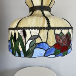 Vintage 1970s Tiffany-Style Stained Glass Floral Hanging Lamp 