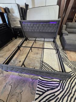 Modern Gray Velvet LED Platform Bed with Crystal Tufting