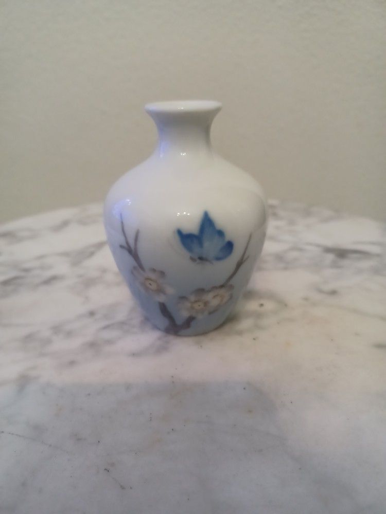 Vintage Royal Copenhagen Small Vase with Blue Butterfly and White Flowers