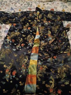 Black Satin Dragon Print Kimono Robe