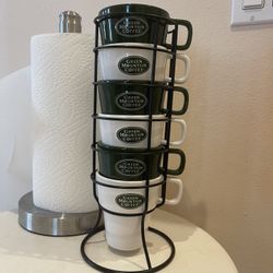 Coffee Mugs - Set Of Six  Ceramic Stackable With Stand- White And Green Color