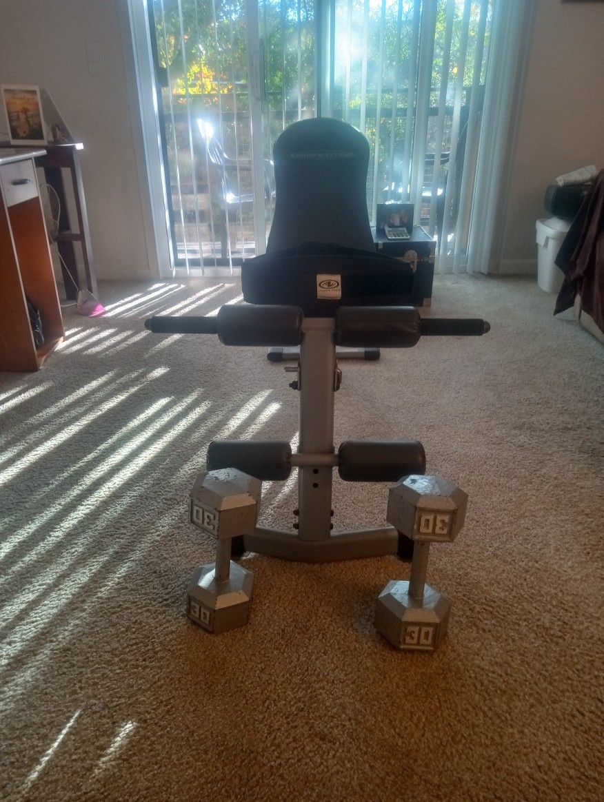Impex Weightlifting Bench (incline, decline, and flat), Weightlifting Belt, and 30 lbs. Dumbbells (Steel). Total for all pieces $160.00