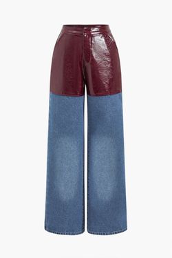Micas Faux Leather Patchwork Straight Leg Jeans