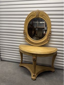 Vintage Baroque Entryway Console Table & Matching Oval Wall Mirror Set Demilune