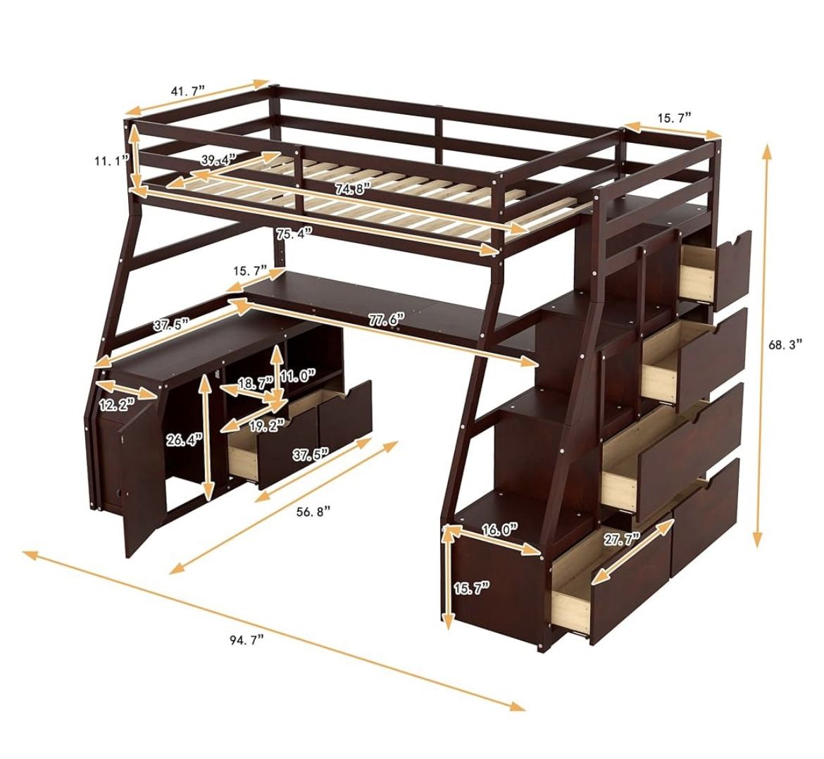 Twin Loft Bed with Stairs and Desk