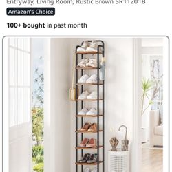 Hzuaneri 10 Tiers Vertical Shoe Rack, Narrow Shoe Tower, Tall Shoes Shelf with 2 Hooks, Adjustable Shelves, Corner Shoes Shelves for Small Spaces, 